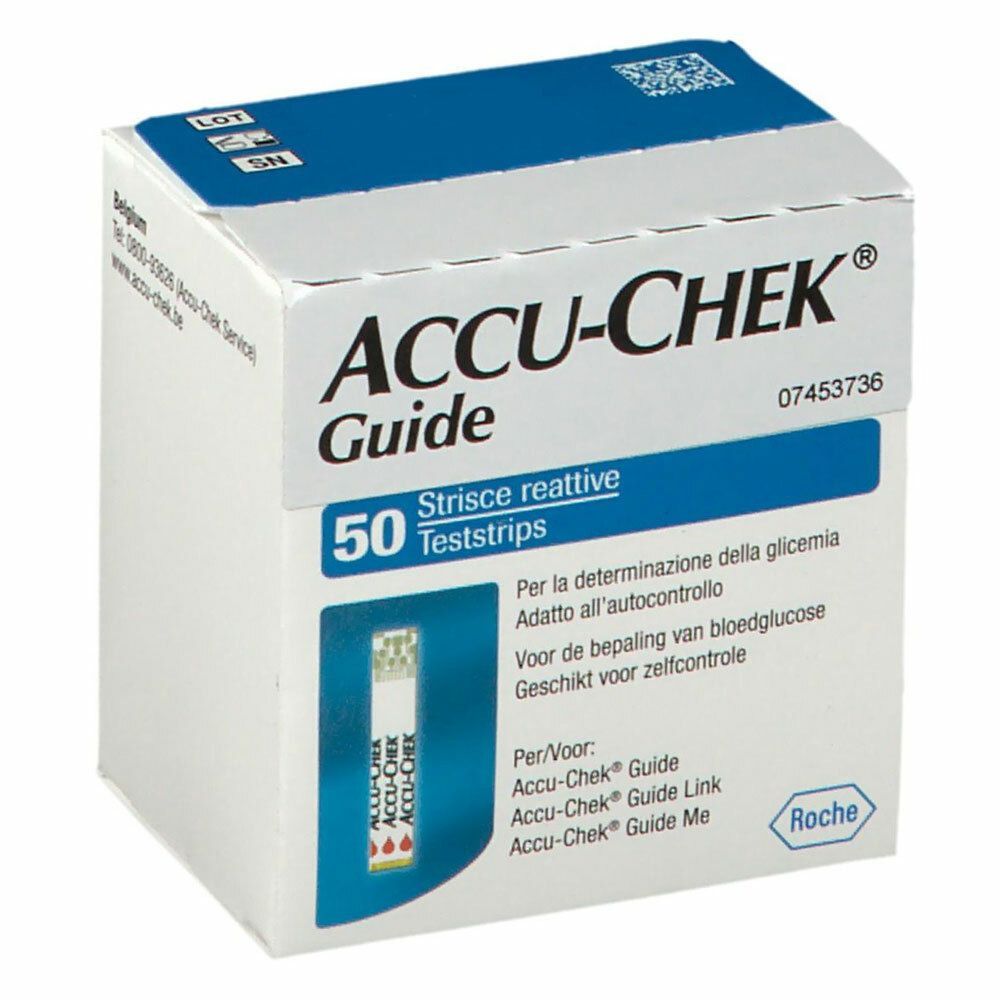 Verpackung von ACCU-CHEK Guide Teststreifen. Enthält 50 Teststreifen. Weiße und blaue Schachtel mit Produktnamen und Logo.