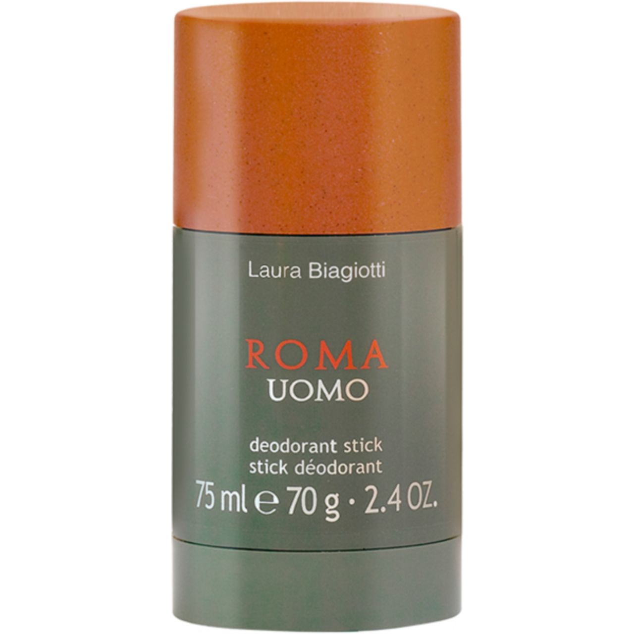 Deo-Stick Laura Biagiotti Roma Uomo. Orangefarbener Deckel, grüner Behälter. Schriftzug Roma Uomo, 75 ml.
