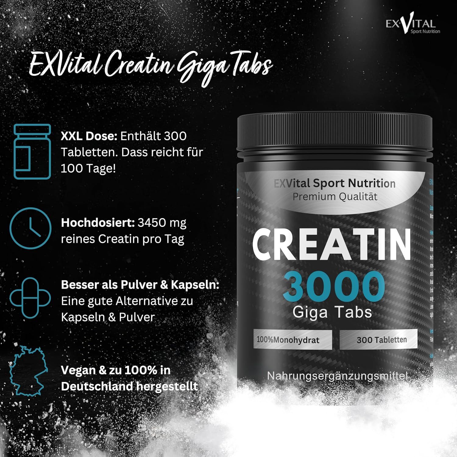 Schwarze Dose mit Aufschrift: Creatin 3000 Giga Tabs, 300 Tabletten. Enthält 300 Tabletten. Vegan und hergestellt in Deutschland.