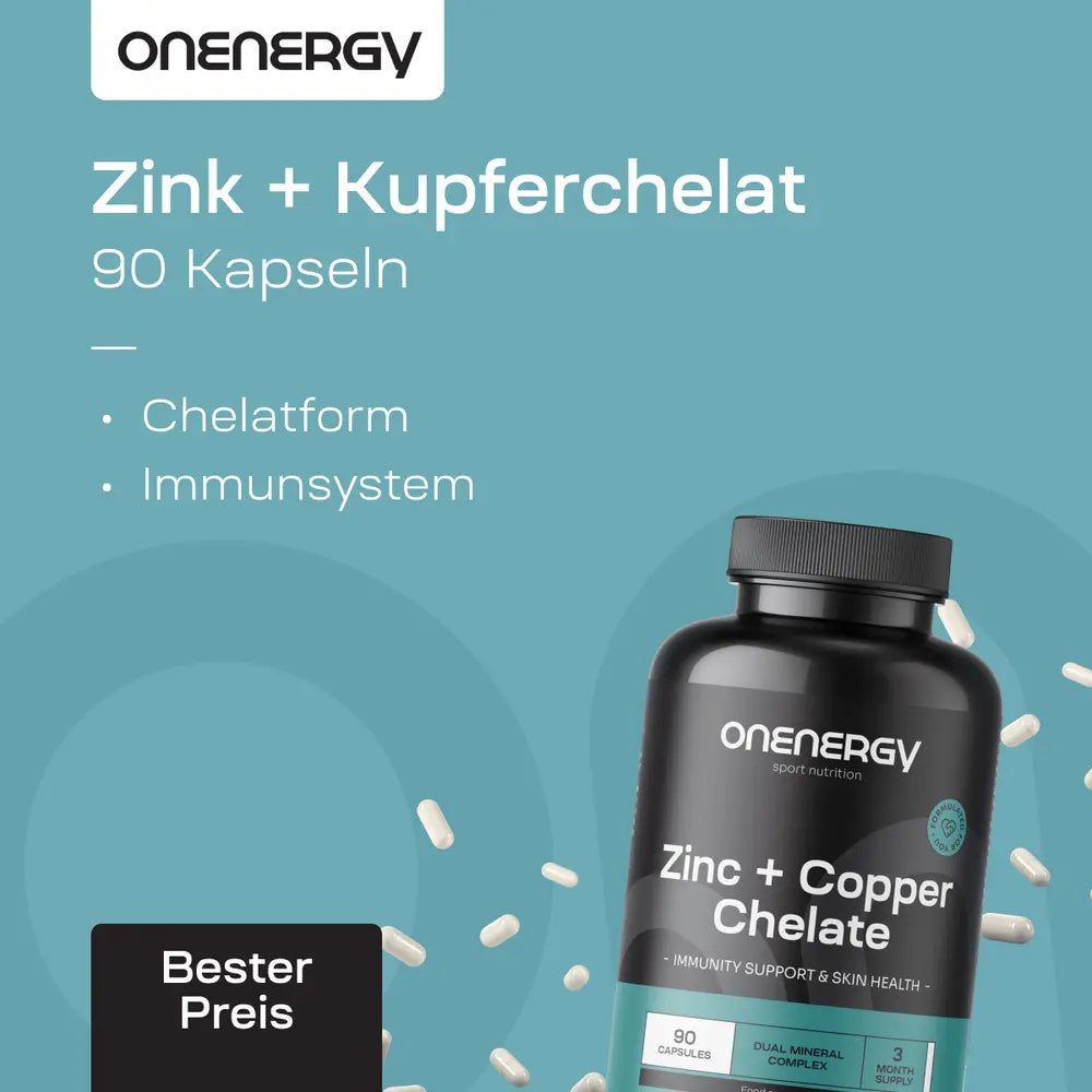 Dose Zink + Kupfer Chelat, 90 Kapseln. Chelatform, Immunsystem.