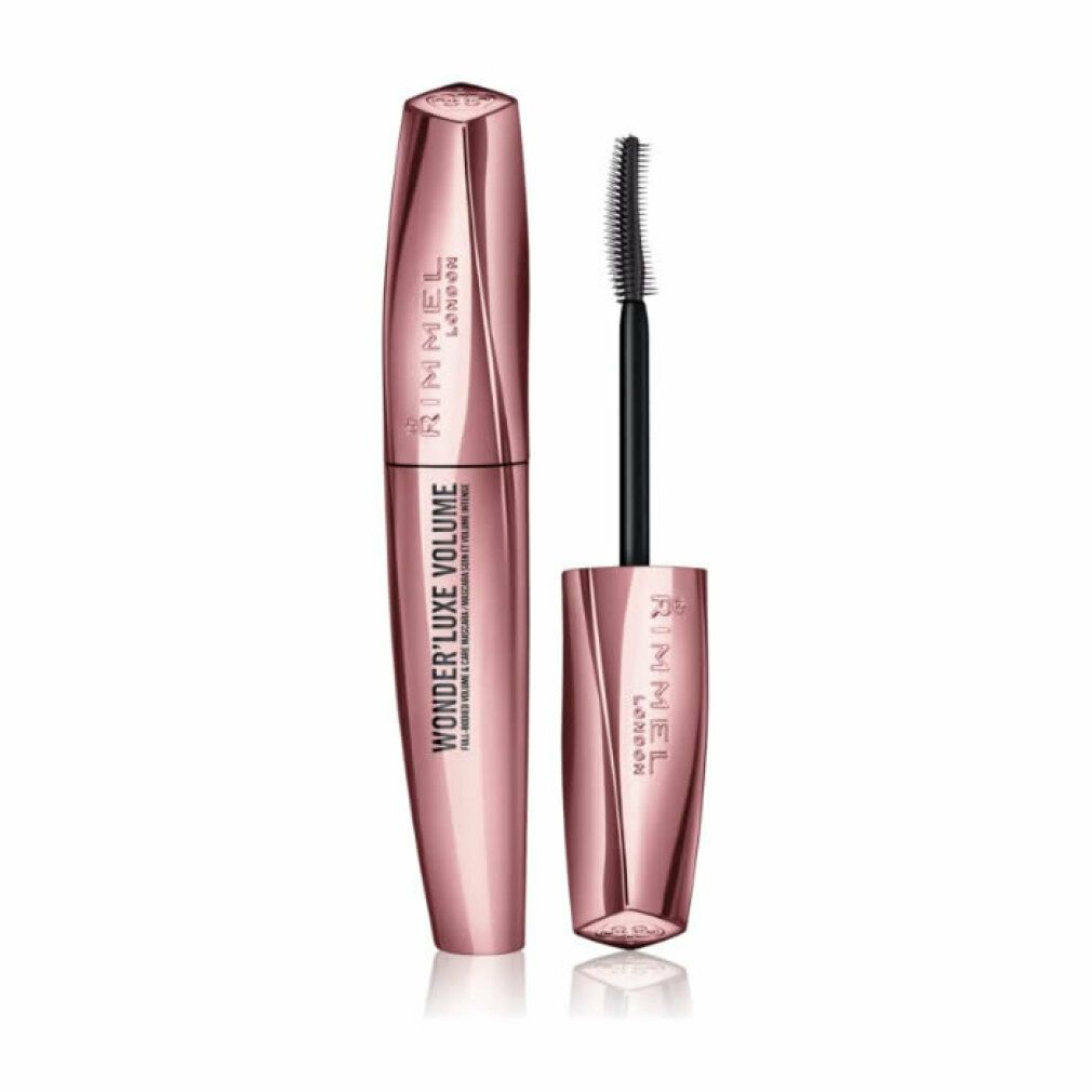 Mascarahülse und Bürste. Produktname: Wonder'Luxe Volume. Marke: Rimmel London. Schwarze Mascara. Rosa Hülse.