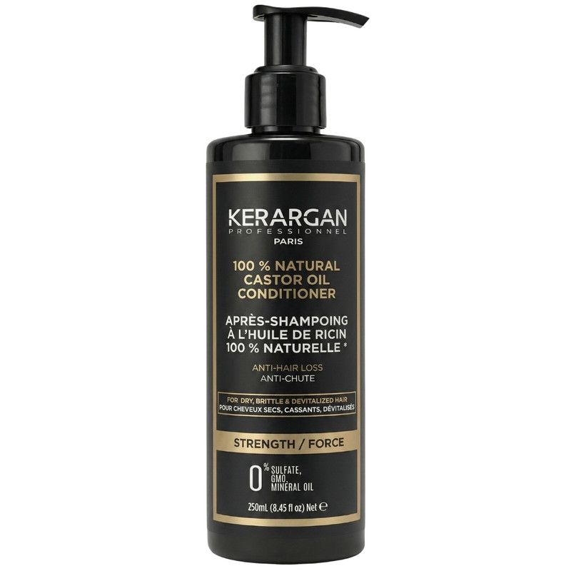 Schwarze Flasche mit Pumpe. Aufschrift: Kerargan, 100% Natural Castor Oil Conditioner. Anti-Haarausfall. 0% Sulfate, Mineralöl.