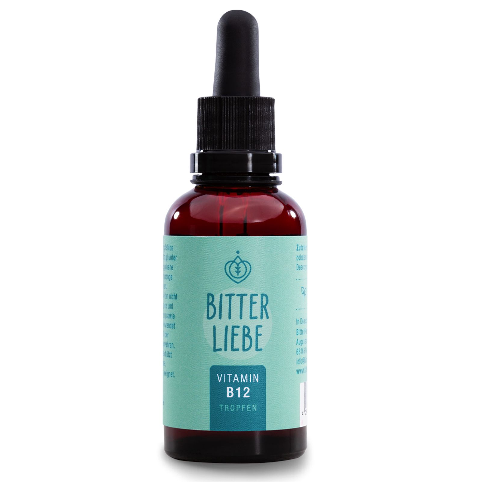Braune Glasflasche mit schwarzem Verschluss und Pipette. Etikett mit Schriftzug BitterLiebe, Vitamin B12 Tropfen.