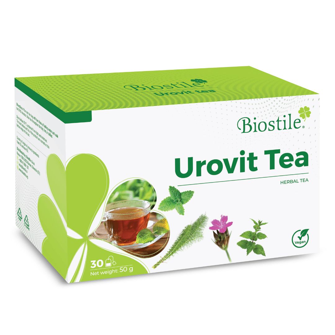 Biostile Urovit Tee-Verpackung. Weiße Schachtel mit grünem Design. 30 Teebeutel, Nettogewicht 50g. Vegan-Siegel.