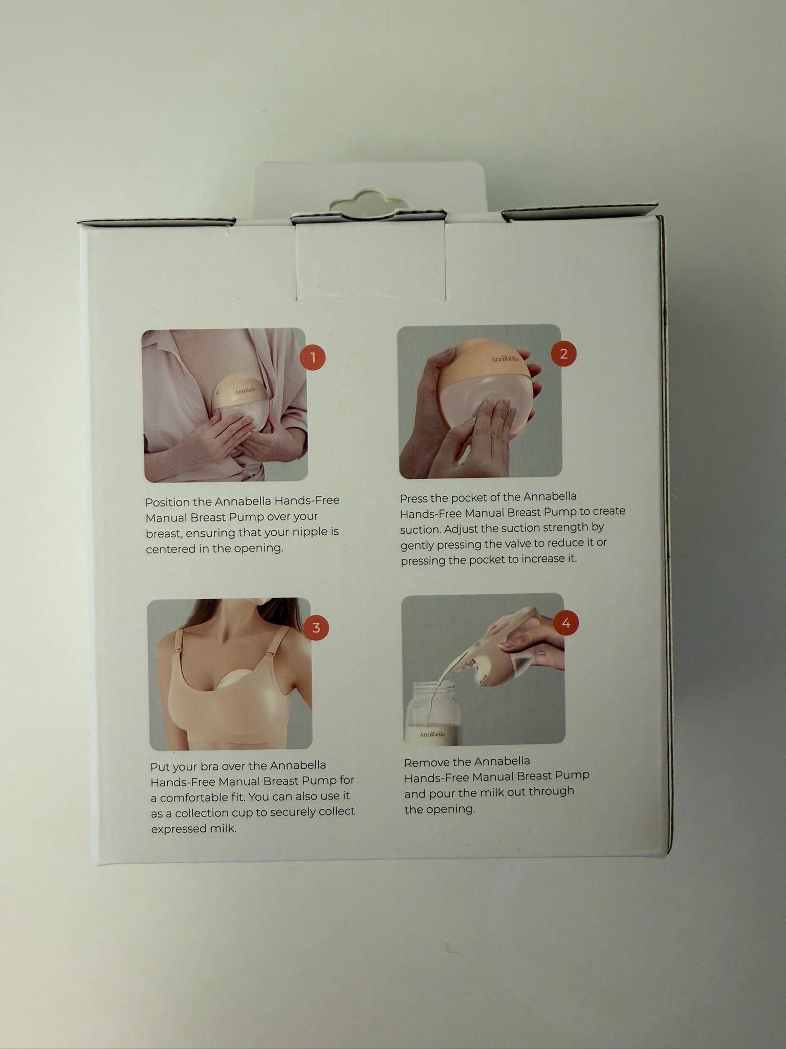 Rückseite der Verpackung mit Anweisungen. Vier Illustrationen zeigen die Verwendung der Brustpumpe.