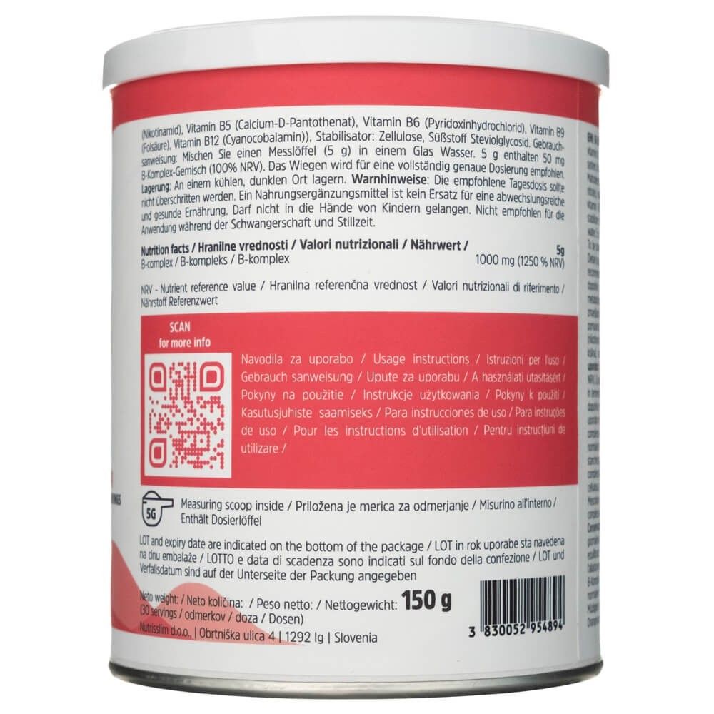 Eine Dose mit Nahrungsergänzungsmitteln, 150g. Enthält einen Messlöffel. Informationen zu Nährwerten und Anwendung sind aufgedruckt.