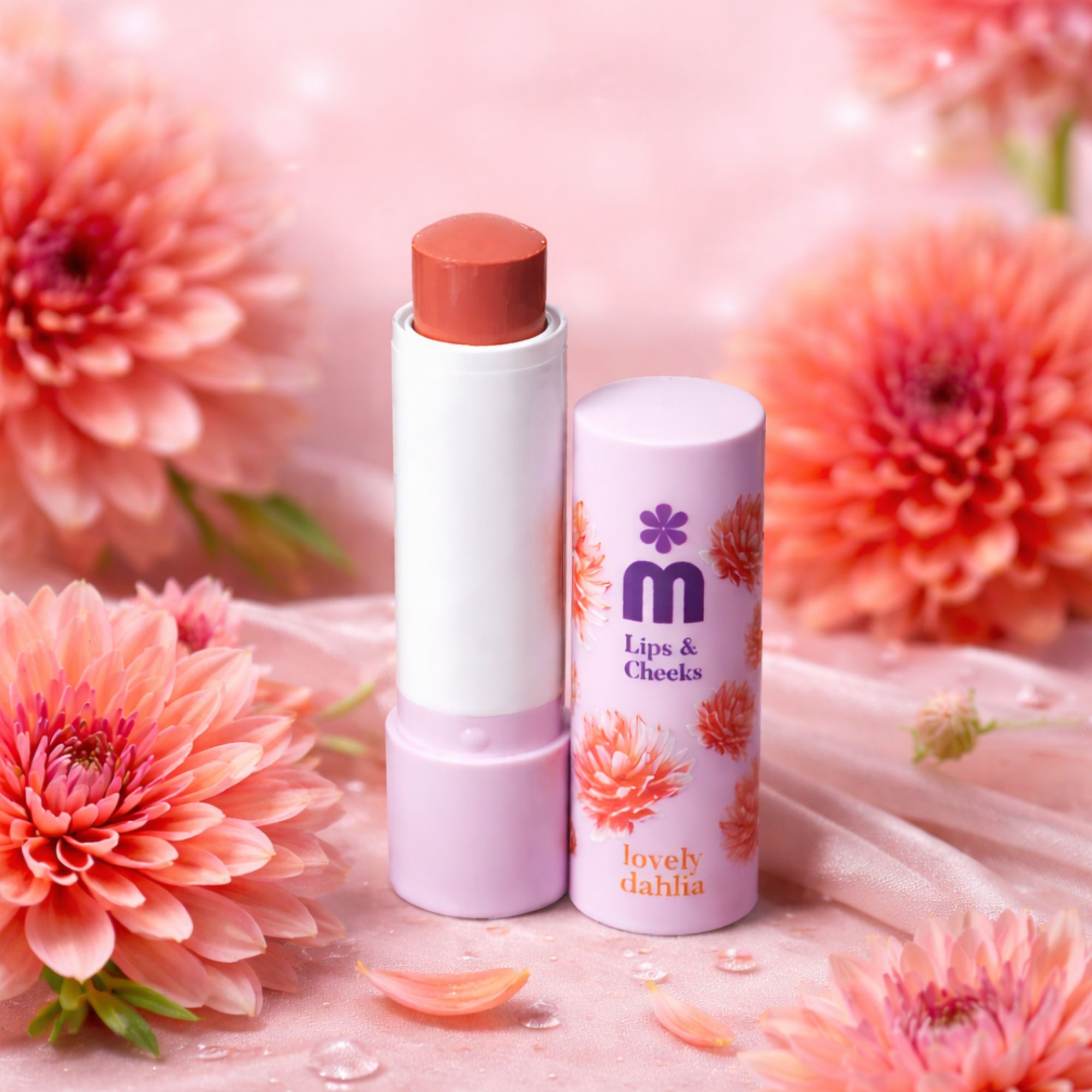 Lippen- und Wangenbalsam mit geöffnetem Deckel. Weißer Stift mit rosafarbenem Balsam. Blumen im Hintergrund.