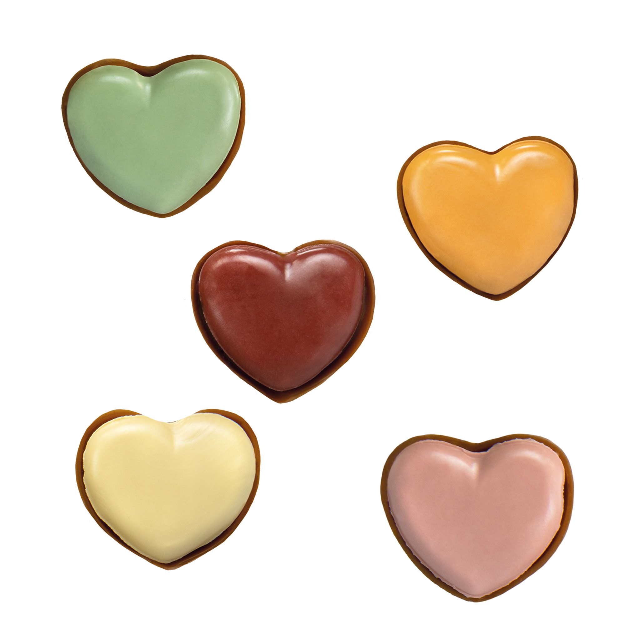 Fünf Herz-Leckerlis für Hunde. Verschiedene Farben: Grün, Orange, Rotbraun, Gelb, Rosa. Schokoladenfarbener Rand.
