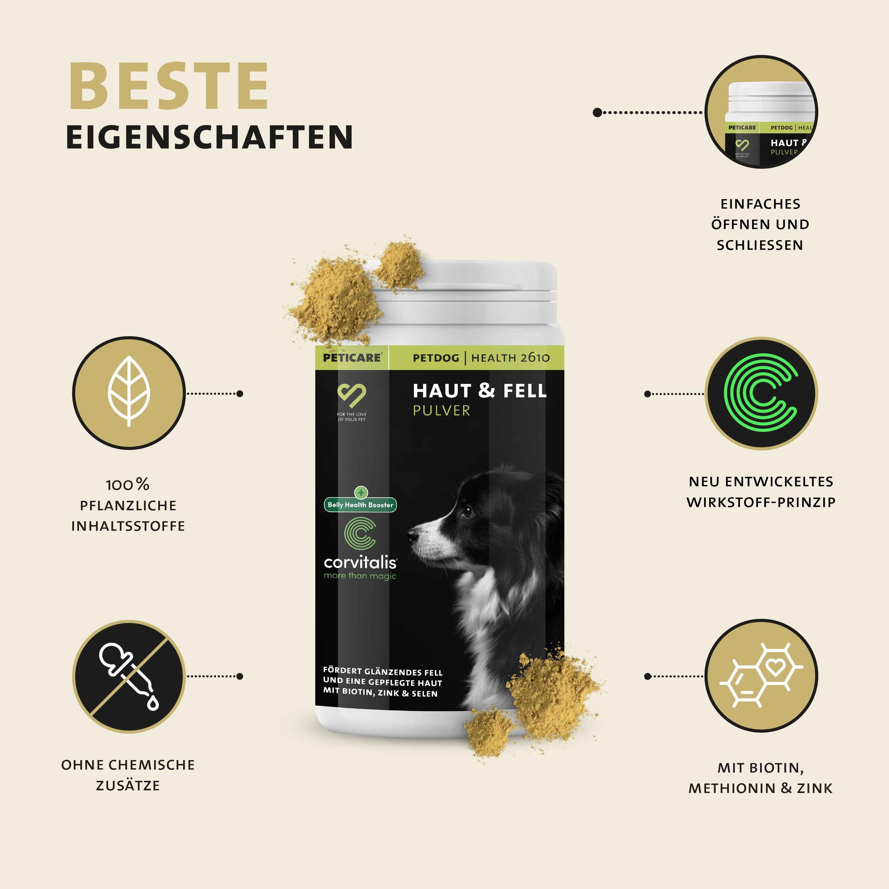 Peticare Natürliches Ergänzungsfutter Fell & Haut Pulver für Hunde