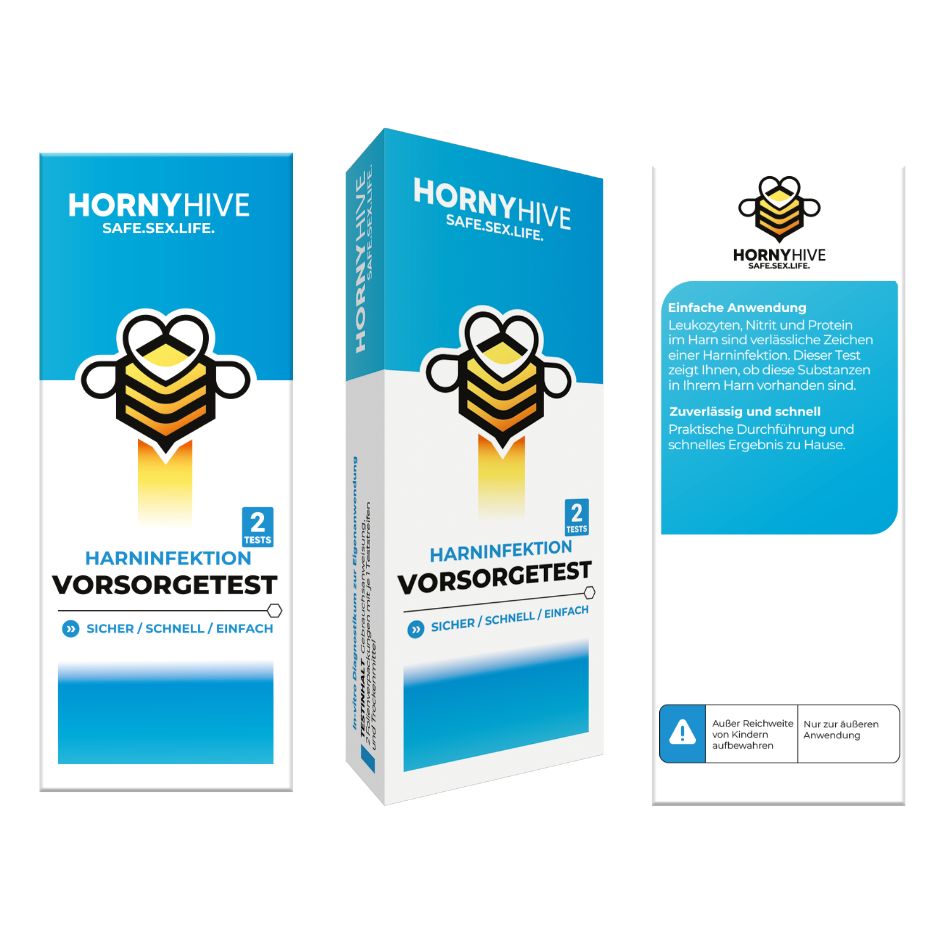 Drei Horny Hive Harninfektion Vorsorgetest-Verpackungen. Ansichten von vorne, seitlich und hinten. Logo und Produktinformationen.