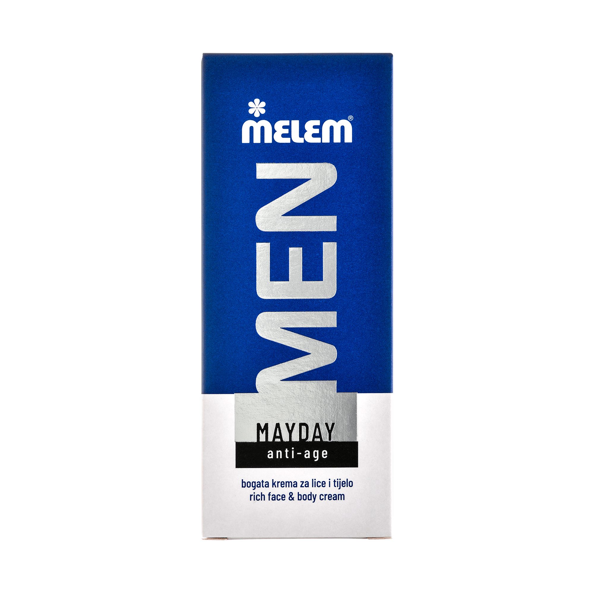 Blaue Verpackung mit weißer Schrift. "MEN" und "MAYDAY anti-age" sind sichtbar. Marke: Melem.