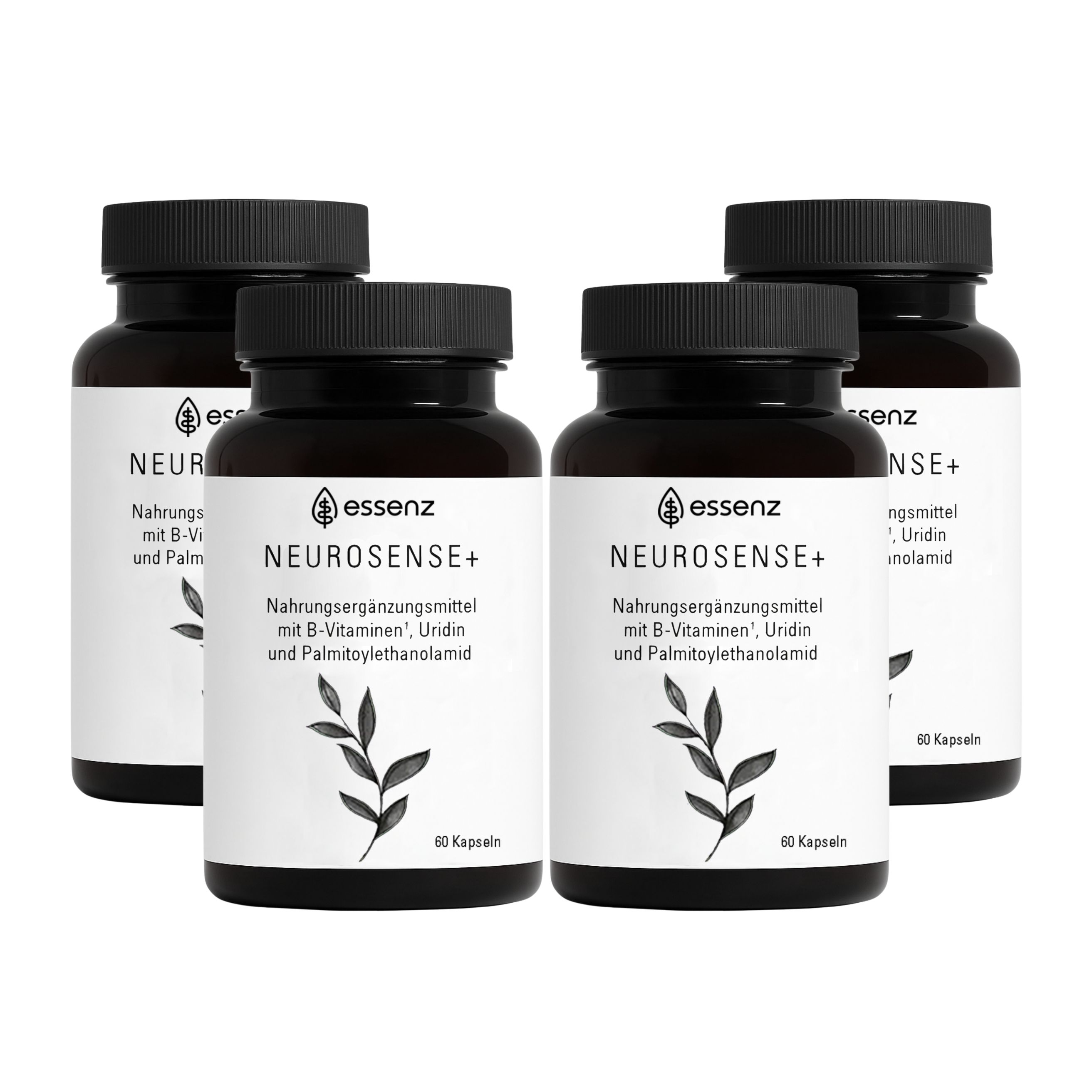 Vier Flaschen ESSENZ Neurosense+ Kapseln. Braune Flaschen mit weißem Etikett. Text: 60 Kapseln. Nahrungsergänzungsmittel mit B-Vitaminen.