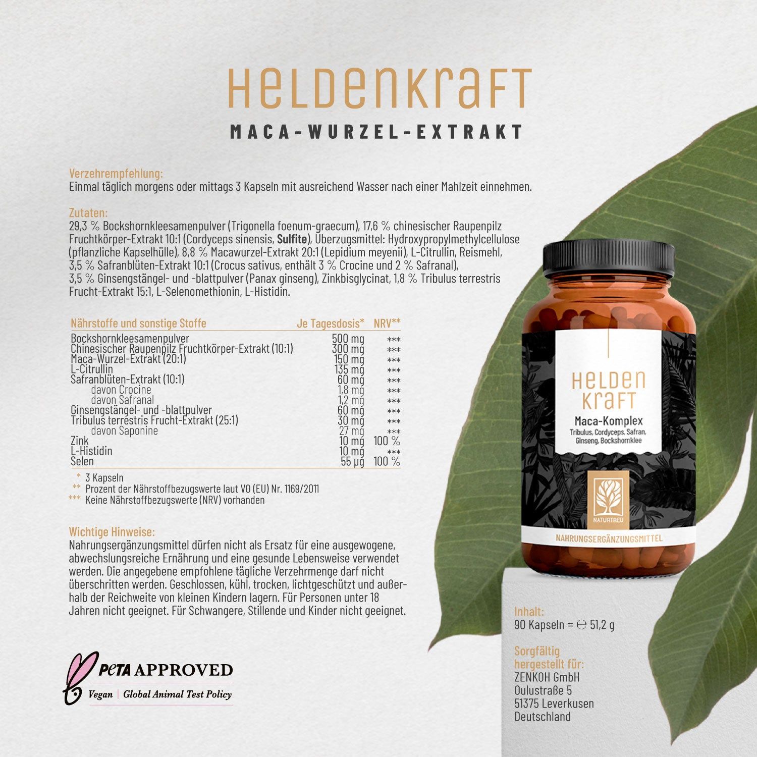 Produktverpackung von Heldenkraft. Braune Flasche mit schwarzem Deckel. PETA-Logo.