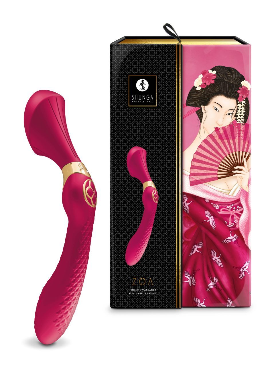 Pinkfarbenes Produkt neben Verpackung. Verpackung mit Geisha-Illustration und Produktabbildung. Produktname: ZOA.