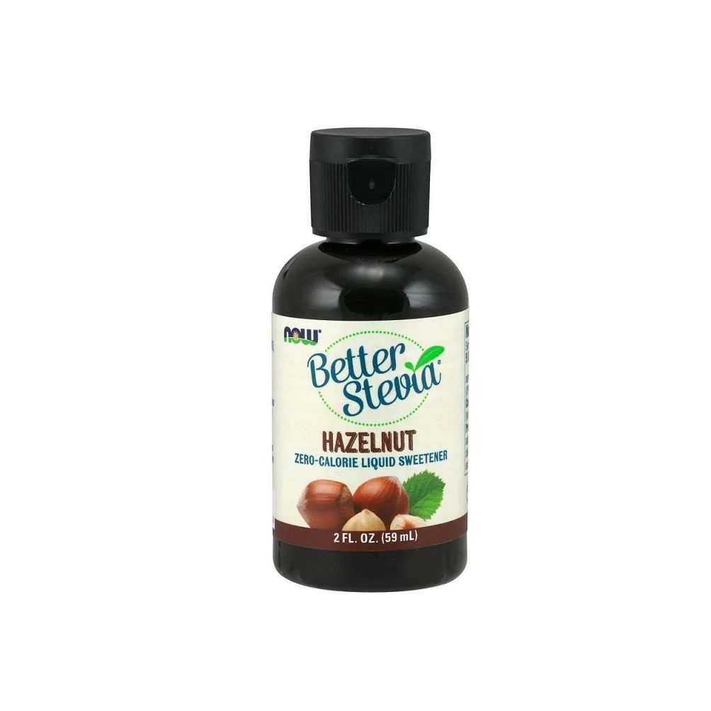 Braune Flasche mit schwarzem Deckel. Auf dem Etikett steht "Better Stevia Hazelnut". Abbildung von Haselnüssen. Flüssiger Süßstoff.