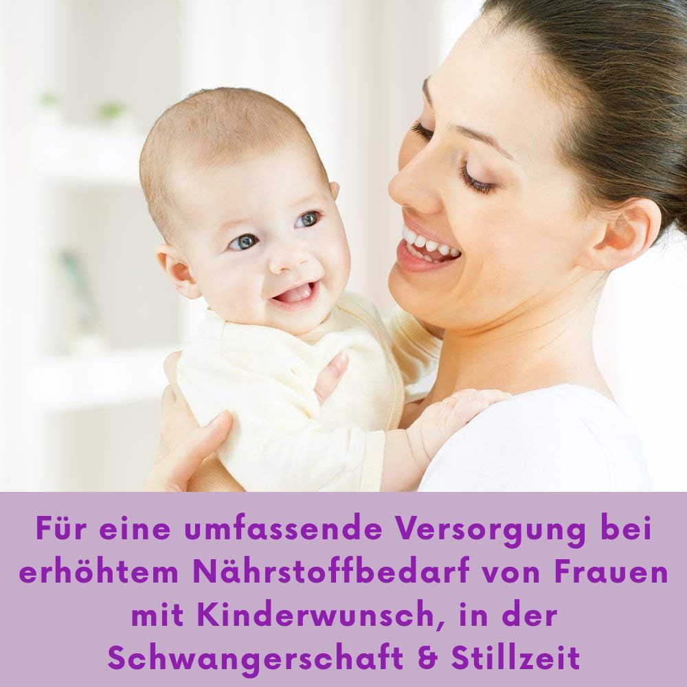 Mutter hält Baby im Arm, beide lächeln. Text: Für umfassende Versorgung bei erhöhtem Nährstoffbedarf von Frauen.