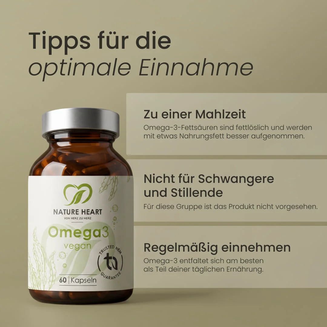 Braune Glasflasche mit Nature Heart Omega3 vegan Etikett, 60 Kapseln.