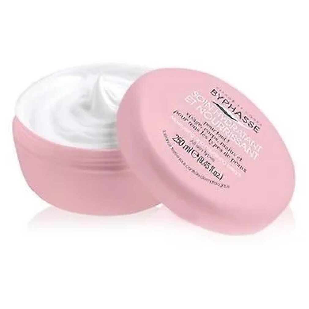 Rosa Dose mit weißer Creme. Deckel daneben. Text: BYPHASSE, Soin Hydratant et Nourrissant, 250 ml.