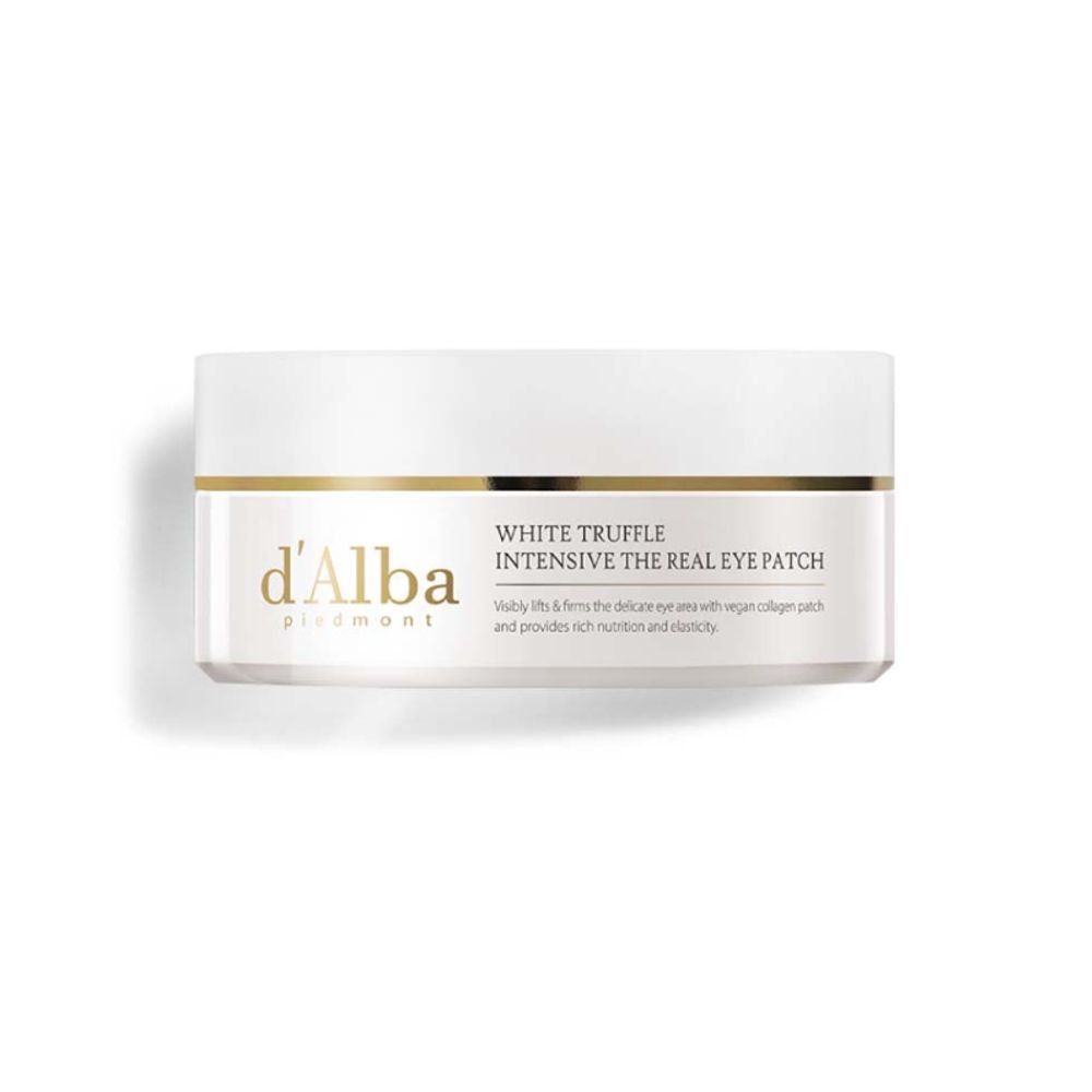 Weißer Behälter mit Produktaufschrift: d'Alba White Truffle Intensive the Real Eye Patch. Goldfarbene Akzente.