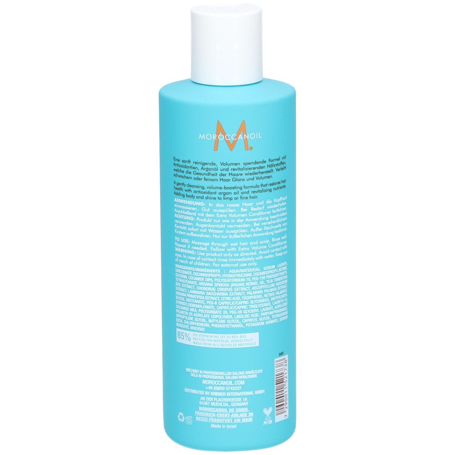 Türkisfarbene Flasche mit weißem Verschluss. Enthält Moroccanoil Shampoo für feines Haar.