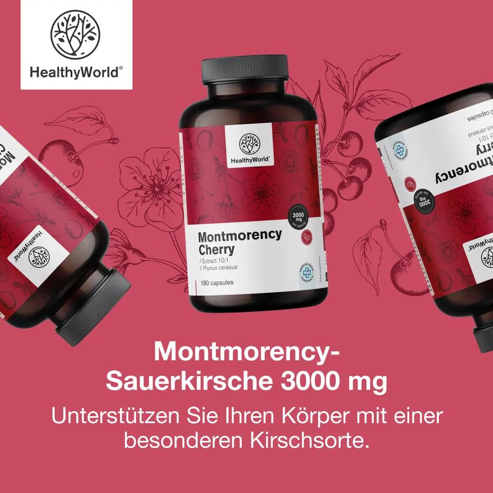 Drei Produktflaschen: Montmorency-Sauerkirsche 3000 mg, 180 Kapseln. Logo: HealthyWorld. Text: Unterstützen Sie Ihren Körper mit einer besonderen Kirschsorte.