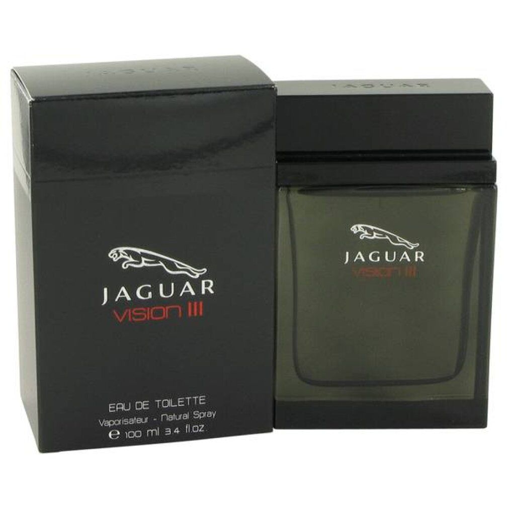 Schwarzer Flakon und Verpackung. Logo und Schriftzug Jaguar Vision III. Eau de Toilette Spray.