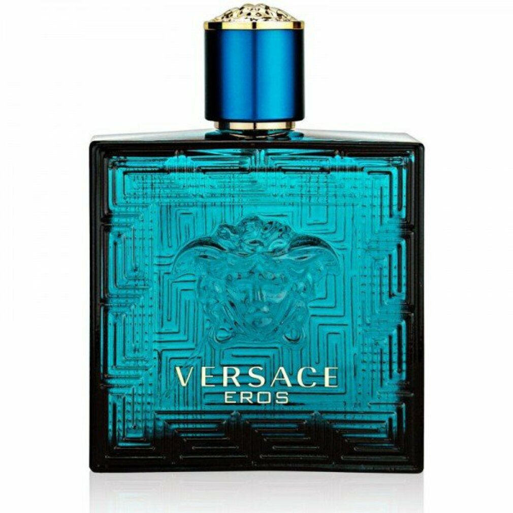 Türkisfarbene Flasche mit quadratischer Form. Aufschrift: VERSACE EROS. Medusa-Relief. Blauer Verschluss.
