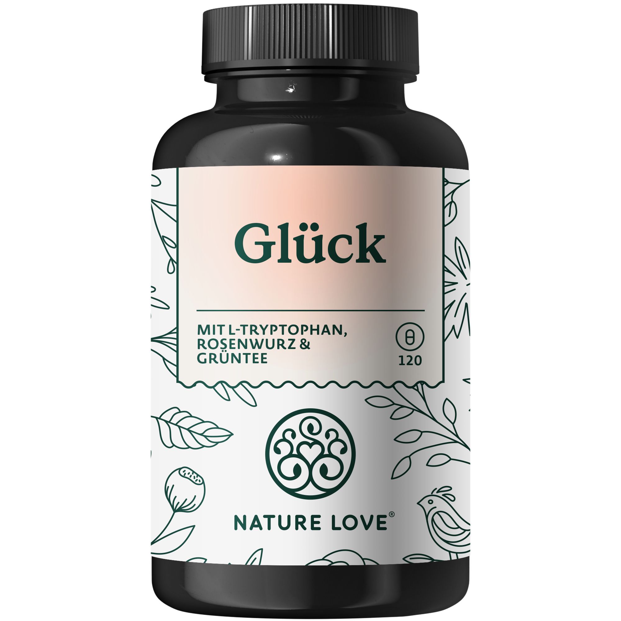 Schwarze Flasche mit weißem Etikett. Aufschrift: Glück, MIT L-TRYPTOPHAN, ROSENWURZ & GRÜNTEE. NATURE LOVE® Logo. 120 Kapseln.