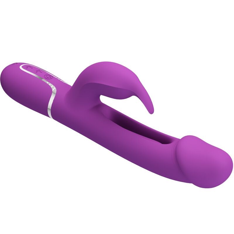 Lila Kaninchen-Vibrator, schräge Ansicht von oben mit silbernen Bedienelementen.