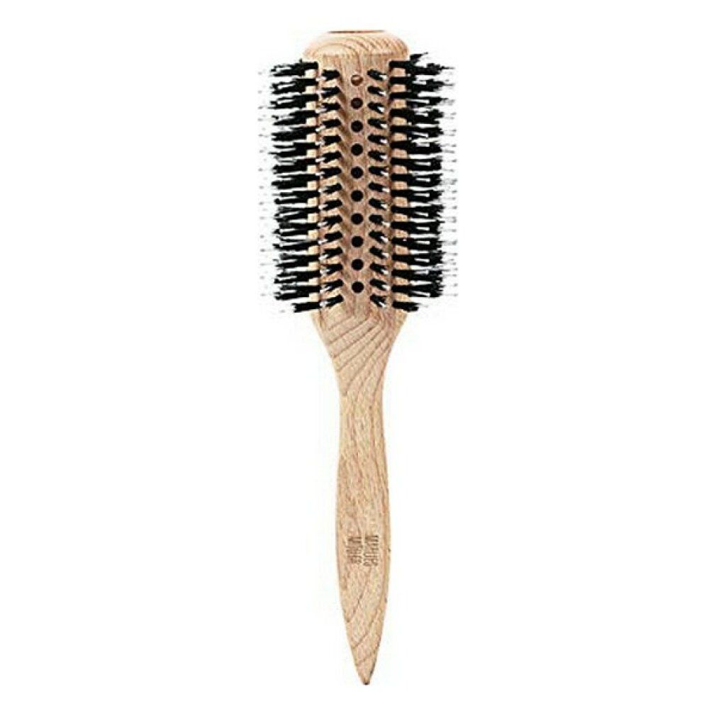 Runde Haarbürste mit Holzgriff und schwarzen Borsten. Griff mit Logo. Zylindrischer Bürstenkopf mit Löchern.