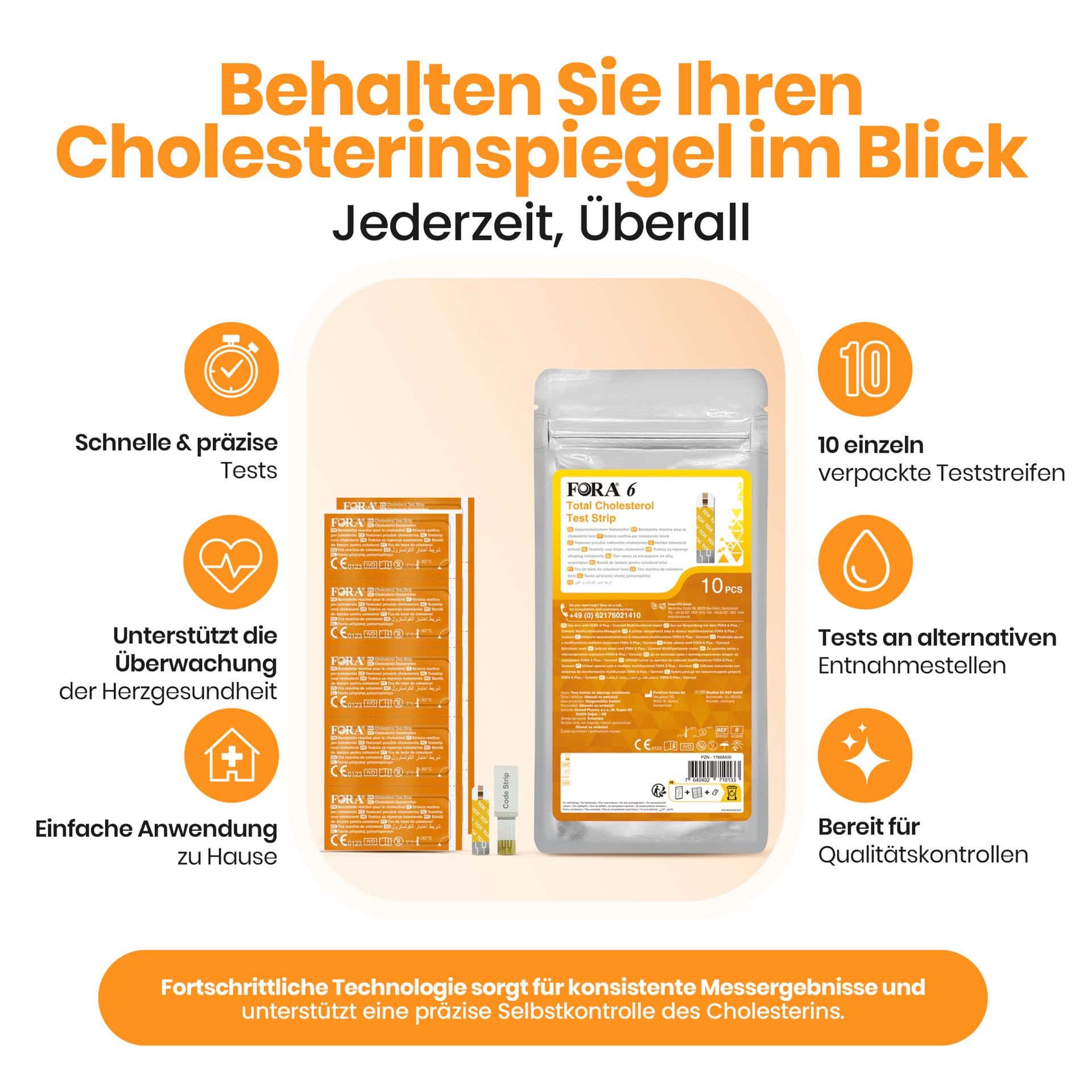 FORA 6 Cholesterin-Teststreifen: 10 einzeln verpackte Streifen, CE-zertifiziert, für schnelle und genaue Tests.