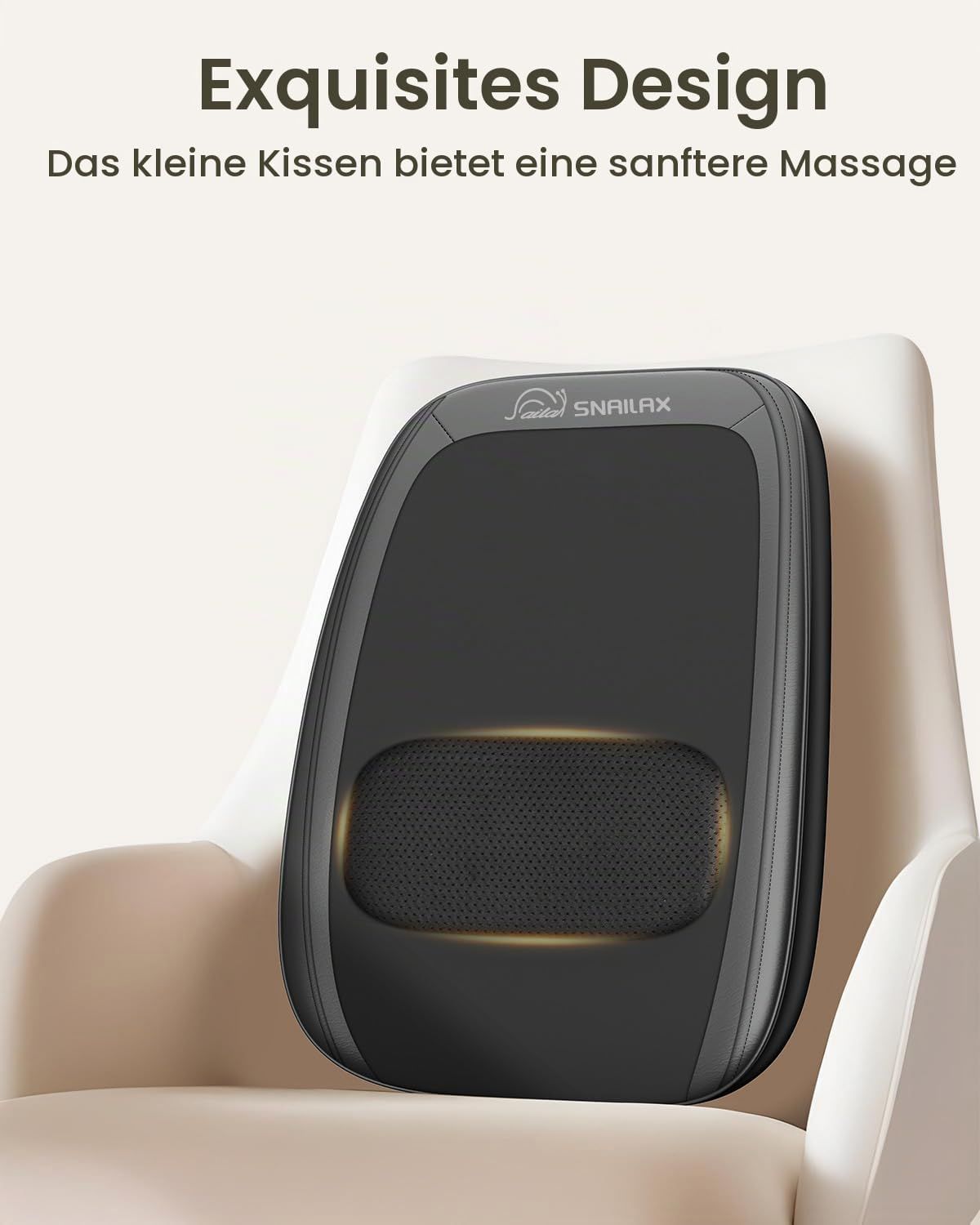 Schwarzes Massagekissen mit SNAILAX-Logo, perforierter Mitte und Heizfunktion.