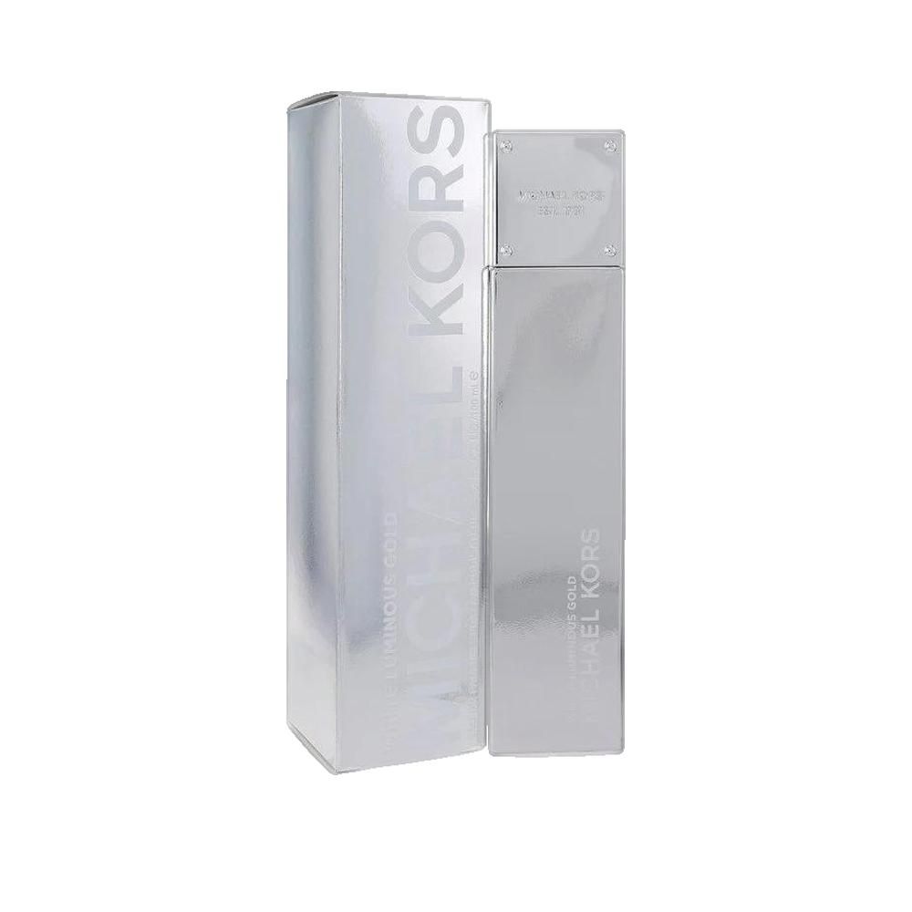 Silberner Flakon und Verpackung. MICHAEL KORS-Logo und Produktname. Quadratischer Deckel. Glänzende Oberfläche.