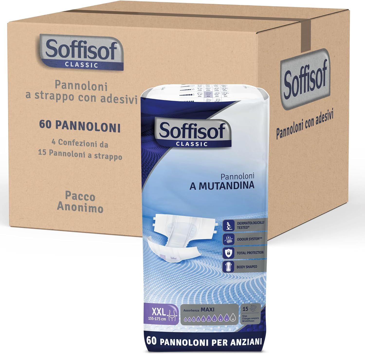 Soffisof Classic Windeln für Erwachsene Maxi, 60 Stück. Karton und Verpackung mit Produktabbildung.