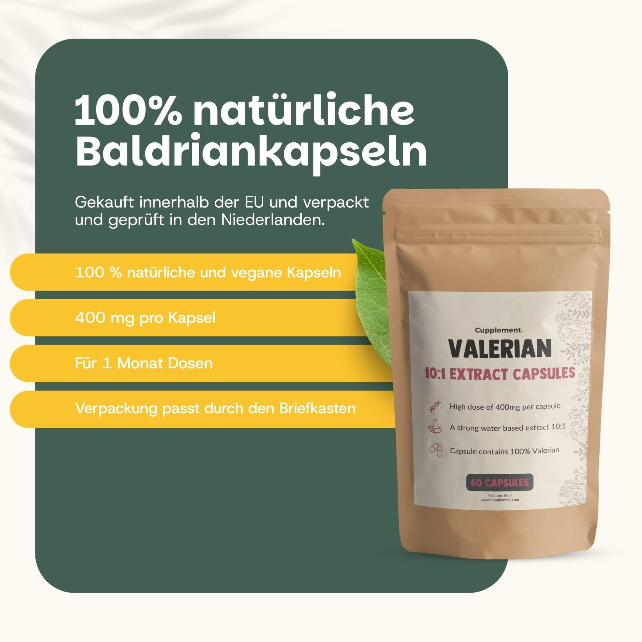 Beutel mit Kapseln. Text: Leicht einzuschlafen, natürlicher Schlaf, gegen Stress, mentale Balance.