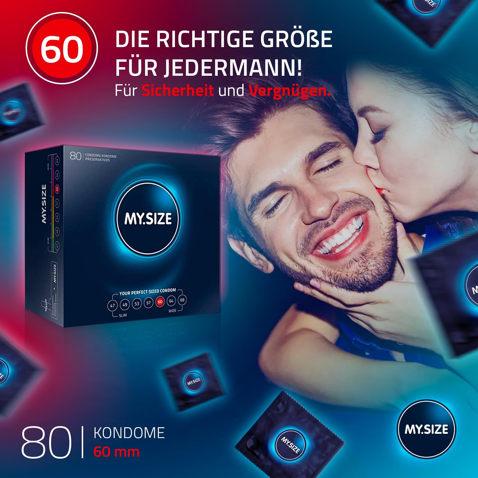 MY.SIZE Kondompackung mit 80 Kondomen, 60 mm Breite.