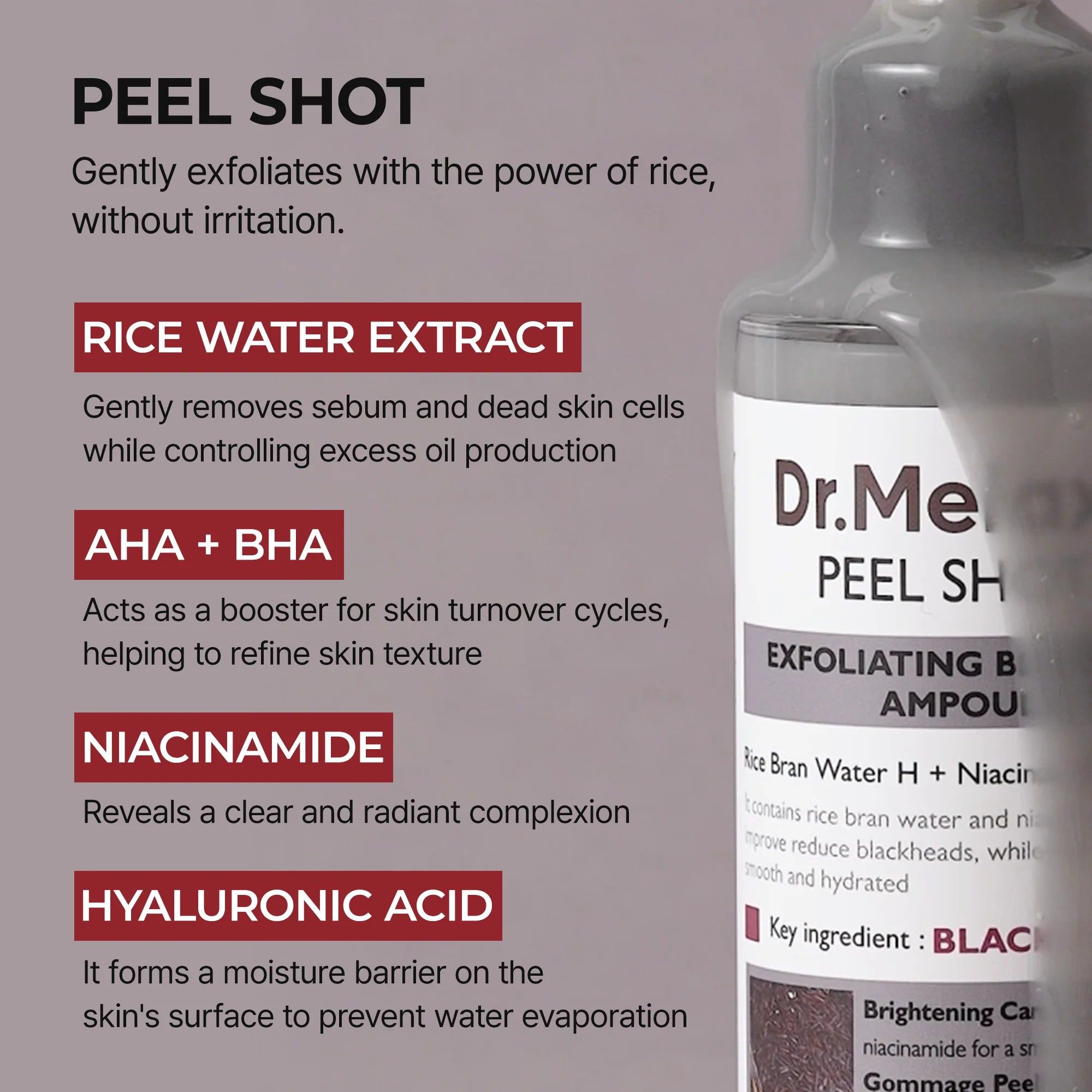 Produktflasche mit Text. Inhaltsstoffe und Vorteile werden aufgelistet. Nahaufnahme.