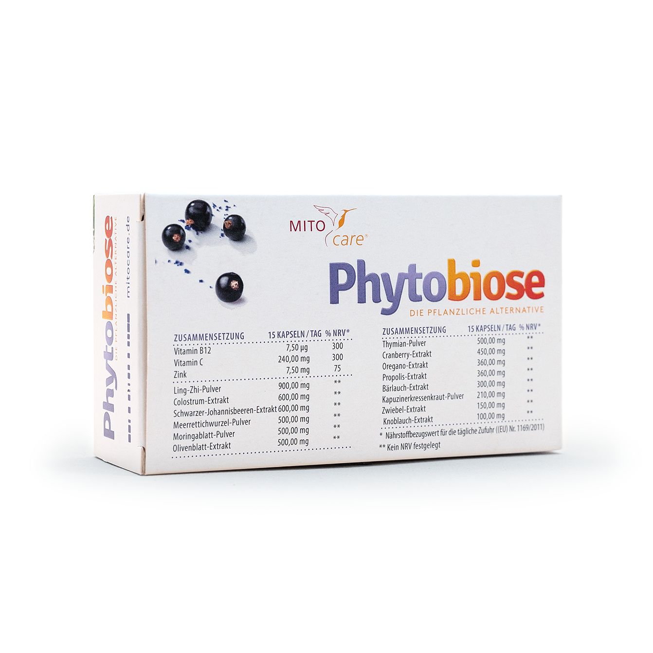 MITOcare Phytobiose Verpackung mit Zutatenliste und 15 Kapseln.