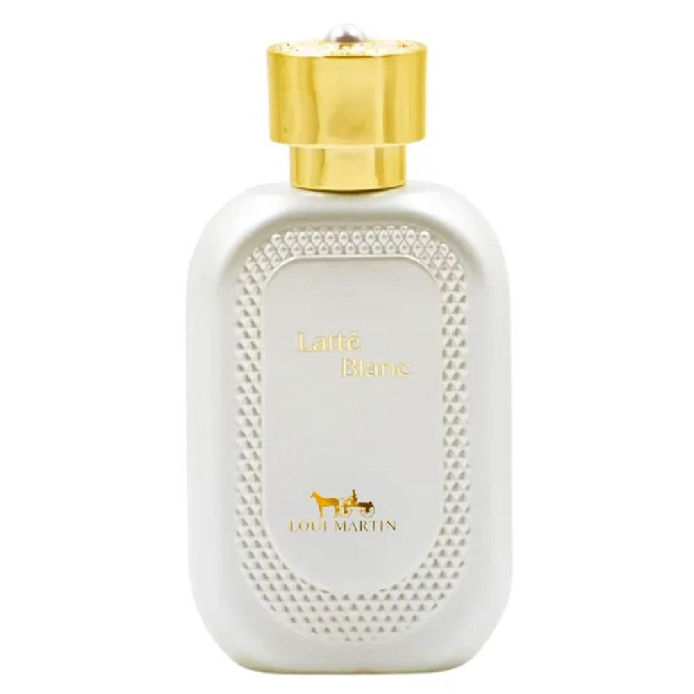 Weißer Flakon mit goldener Kappe. Aufschrift: Latté Blanc, Loui Martin. Logo mit Pferden.
