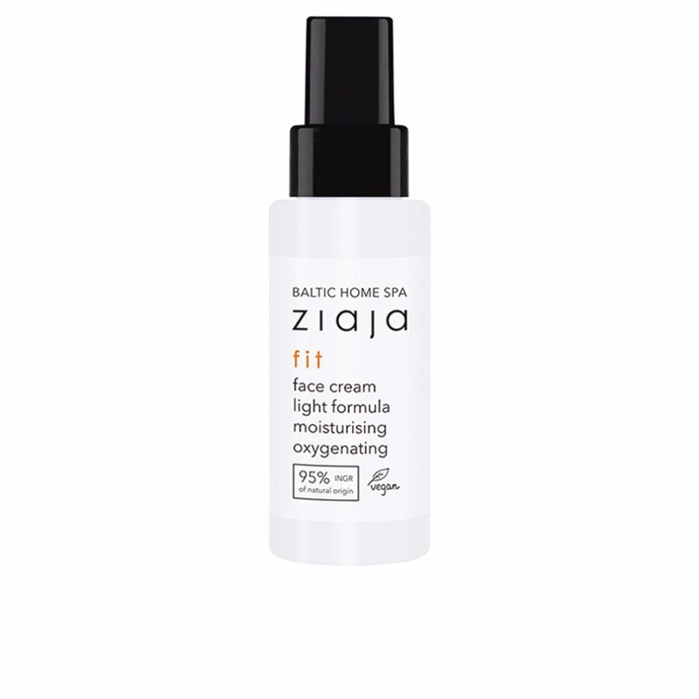 Weiße Flasche mit schwarzem Sprühkopf. Aufschrift: ZIAJA fit face cream light formula. 95% Inhaltsstoffe natürlichen Ursprungs.