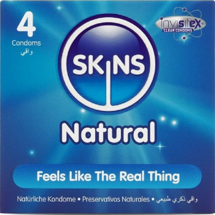 Verpackung mit 4 Kondomen. Marke SKINS, Aufschrift "Natural". Enthält Informationen zu Eigenschaften und Inhaltsstoffen.
