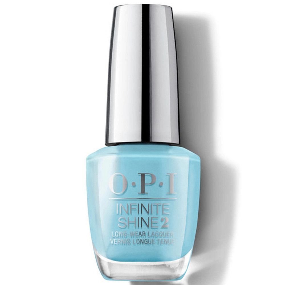 Hellblauer Nagellackflakon mit silbernem Deckel. Aufschrift: OPI Infinite Shine 2.