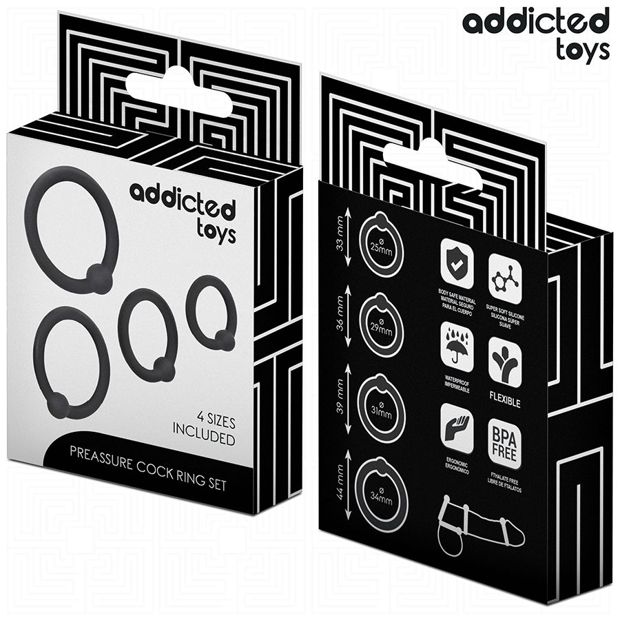Verpackung mit Cockring-Set. Rückseite mit Größenangaben und Produktmerkmalen. Marke: Addicted Toys. Aufschrift: 4 Sizes Included.