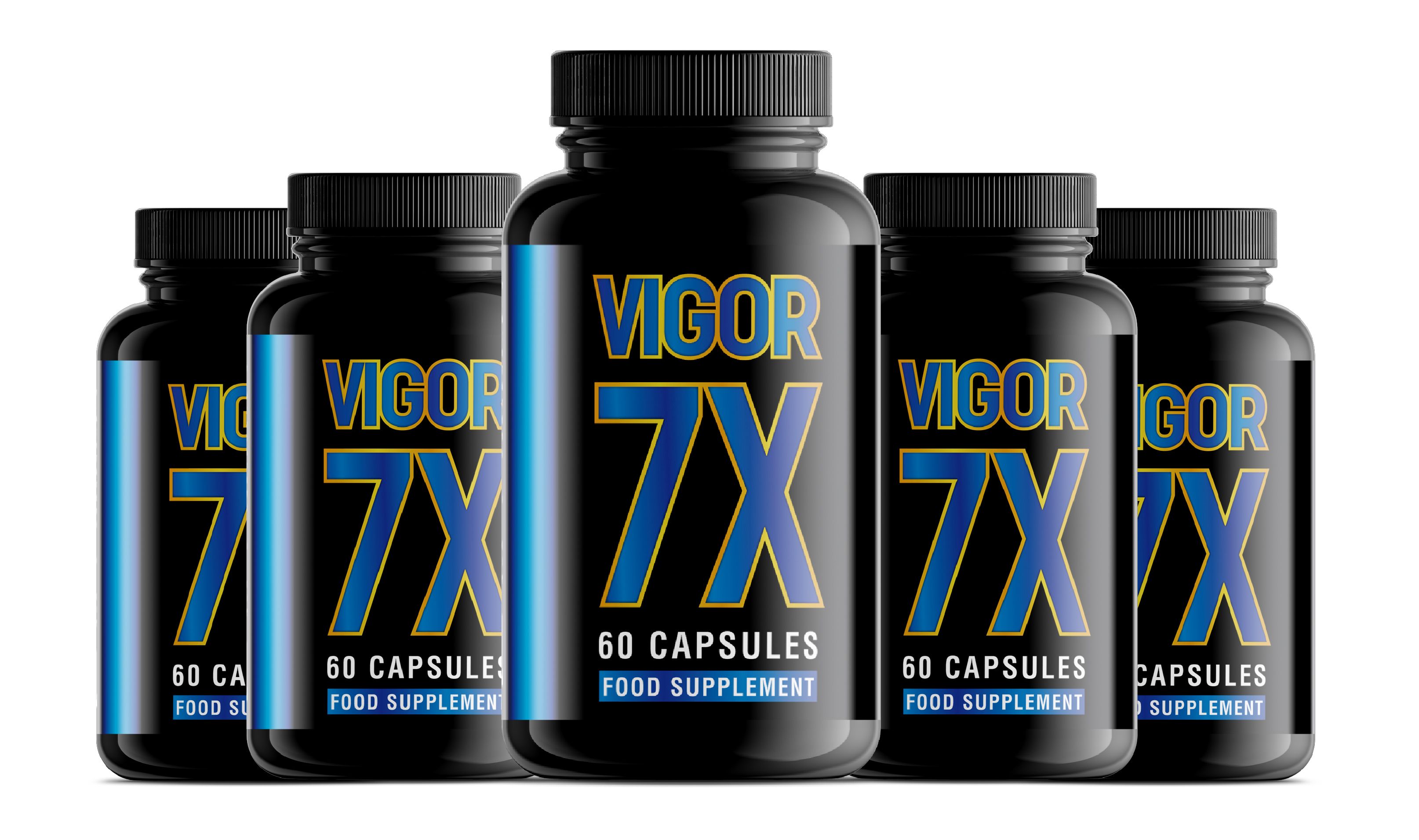 Fünf schwarze Flaschen mit Vigor 7X, 60 Kapseln, Nahrungsergänzungsmittel.
