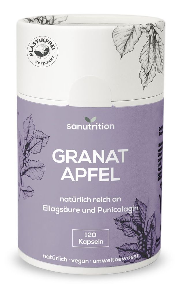Zylindrische Dose mit 'Sanutrition Granatapfel'. Text: '120 Kapseln', 'natürlich, vegan, umweltbewusst'. Oben: 'PLASTIKFREI verpackt'.