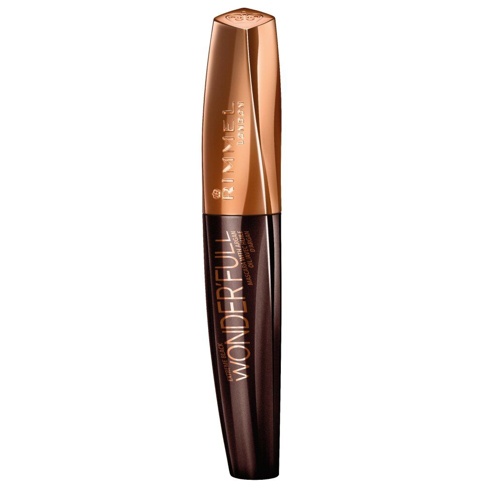 Mascara-Tube, dunkelbraun mit goldfarbenem Deckel. Schriftzug: Rimmel Wonder'full.