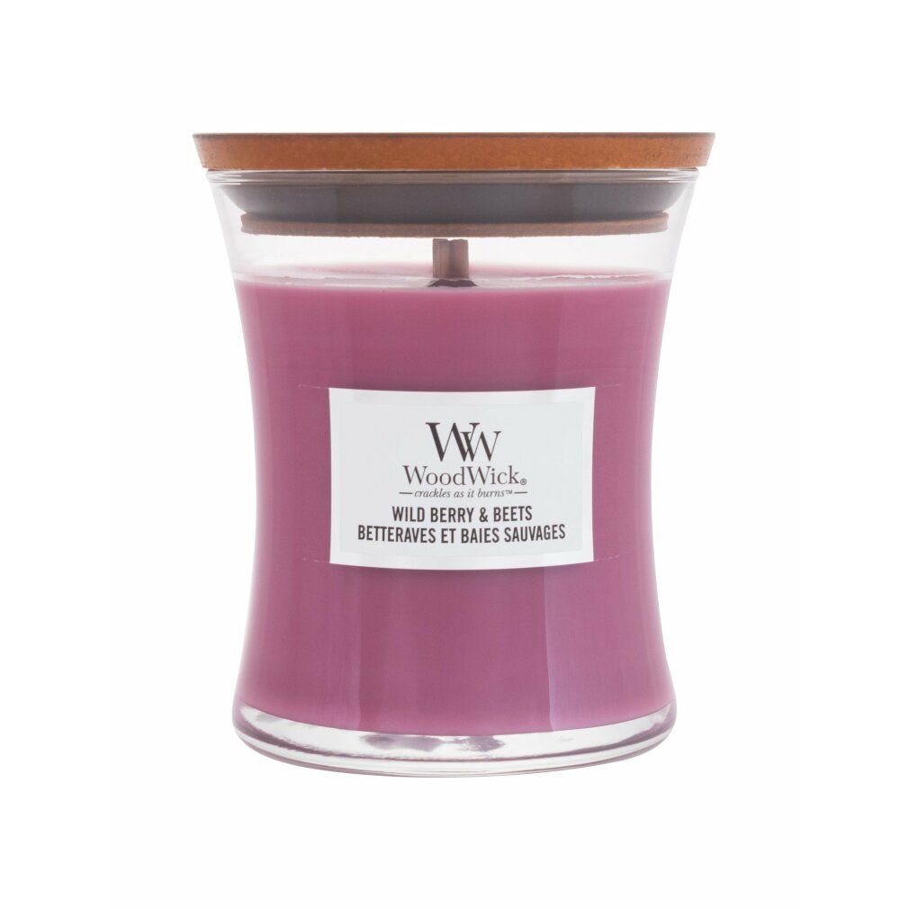 Kerze in Sanduhrform mit Holzdeckel. Label "WoodWick" und "Wild Berry & Beets". Lila Wachs.
