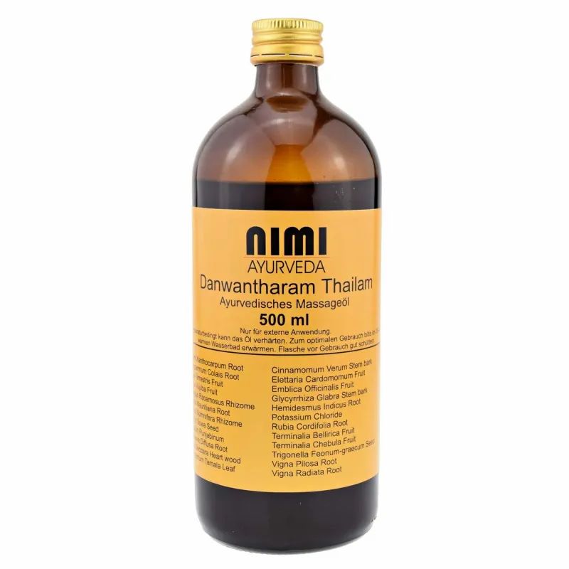 Braune Glasflasche mit goldfarbenem Deckel. Etikett mit Produktnamen und Inhaltsstoffen. Aufschrift: Nimi Ayurveda Danwantharam Thailam.