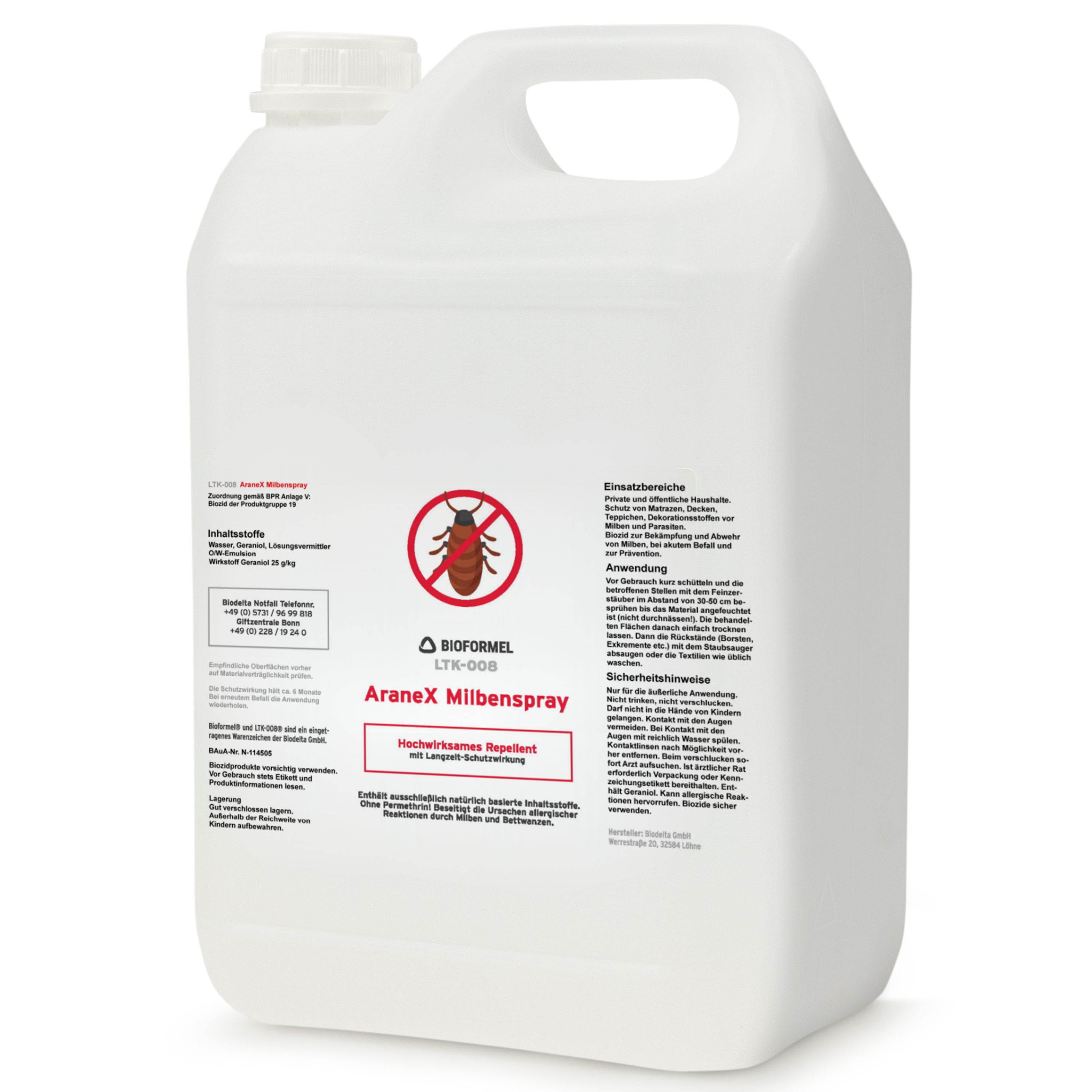 Große weiße Kanister mit Etikett. Text: AraneX Milbenspray.