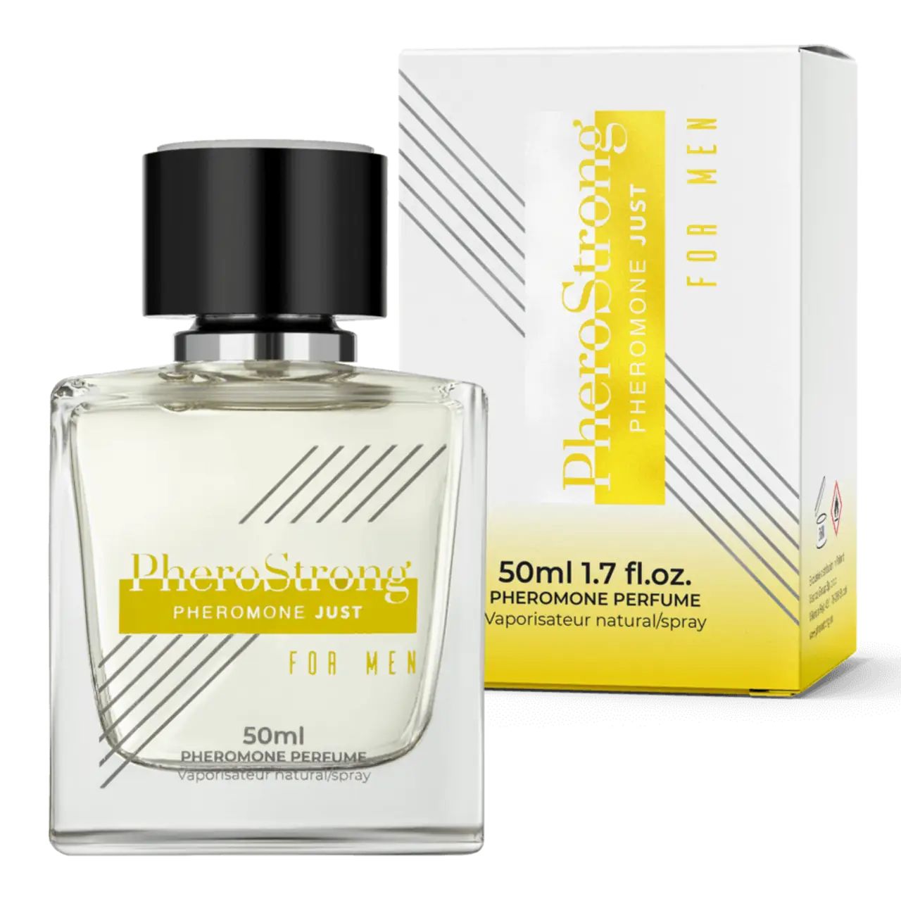 Flakon und Schachtel. Aufschrift PheroStrong, Pheromone Just Für Männer. 50ml. Natürliches Spray. Schwarzer Deckel.